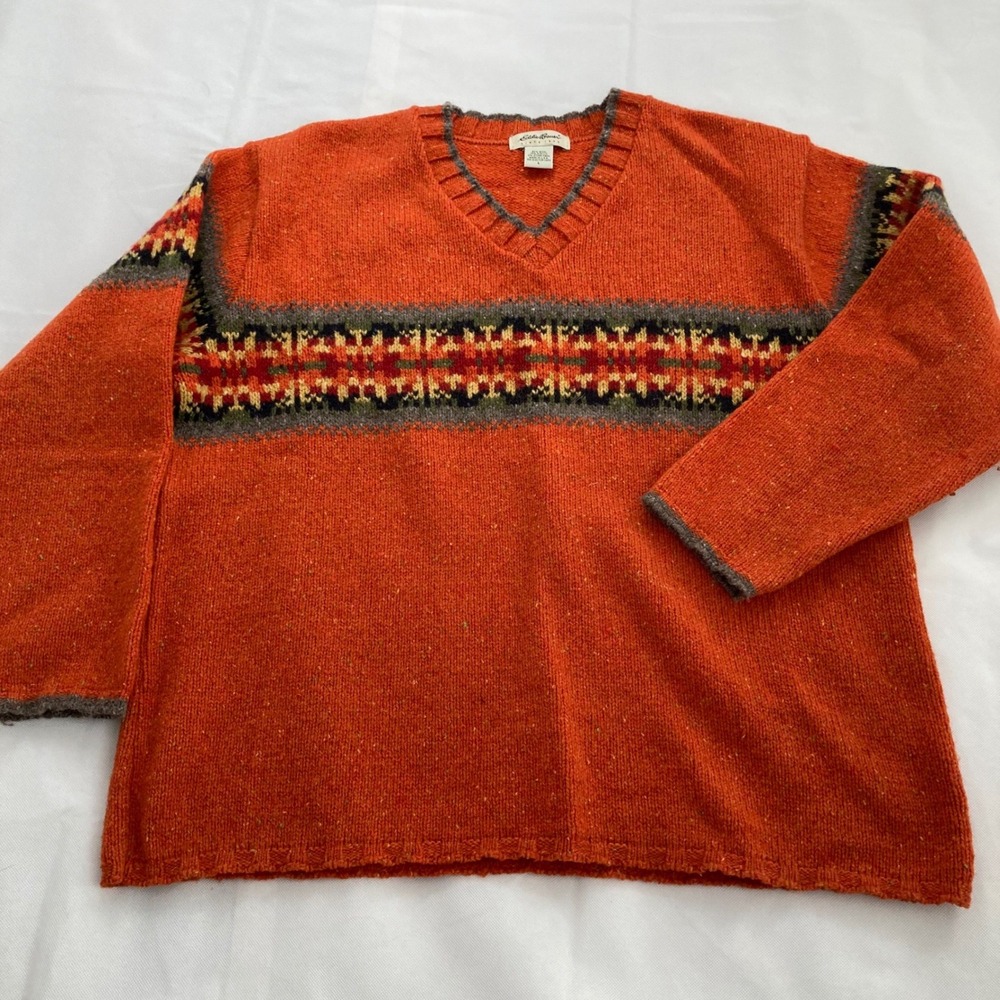 Eddie Bauer Vintage Wool Blend Fair Isle V-Neck Sweater Orange Mens Large USA
